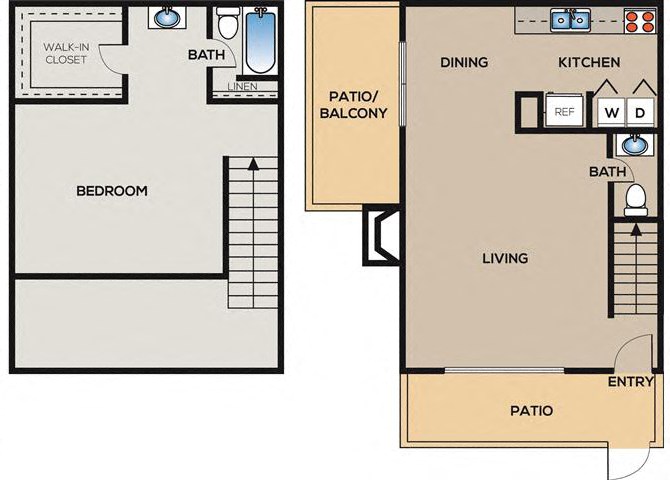Floor plan for 1 bed, 1.5 baths, 822 sqft